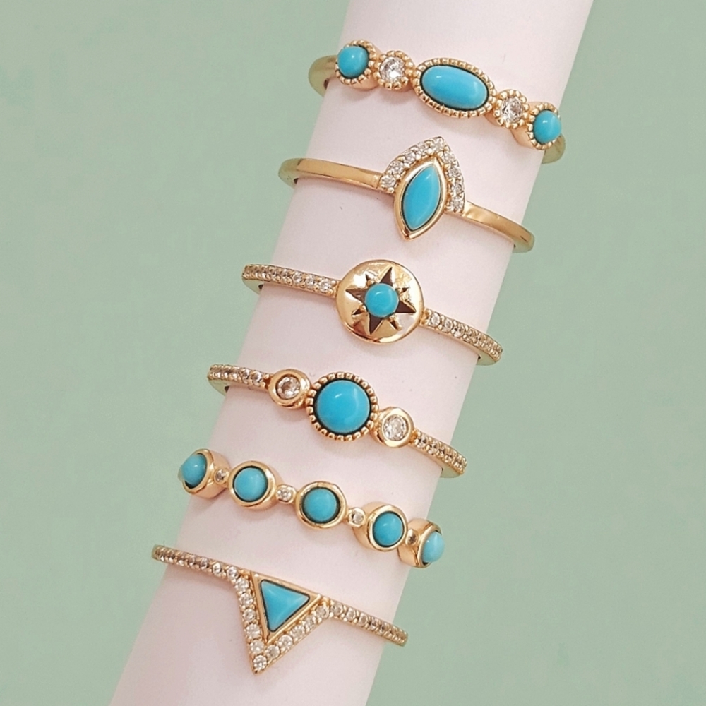 Dainty Gold ring set, turquoise enamel stone. 925 Sterling Silver, 10k Gold